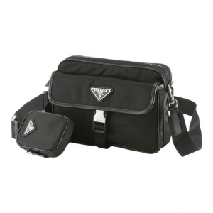 PRADA 普拉达 Saffiano 三角形金属标 皮革拼尼龙 单肩斜挎包