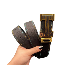 HERMES 爱马仕  3.8cm 纯手工穿线 澳洲鸵鸟皮  平滑扣