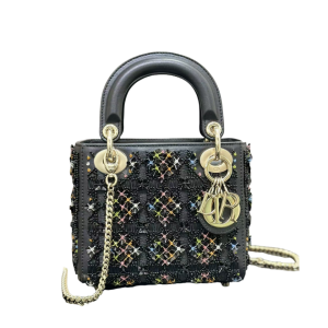 DIOR 迪奥  Lady Dior 三格刺绣黑色彩珠 链条单肩斜挎手提包