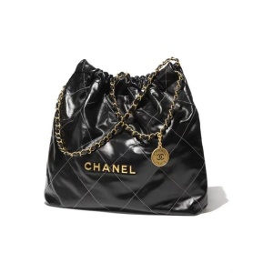 CHANEL 香奈儿  22BAG垃圾袋黑色配白线 牛皮革 单肩手提购物袋